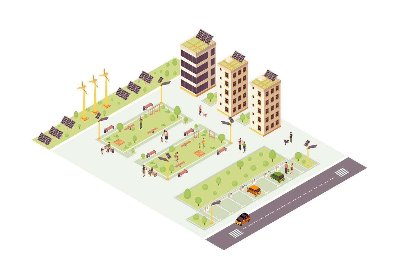 Eco city isometric color vector illustration. Multi storey buildings with solar grids infographic. Smart city 3d concept. Sustainable, eco friendly environment. Modern town. Isolated design element