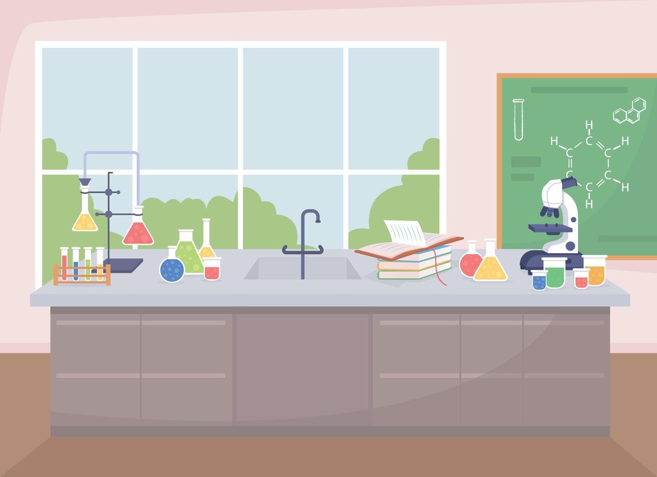 School chemistry lab flat color vector illustration