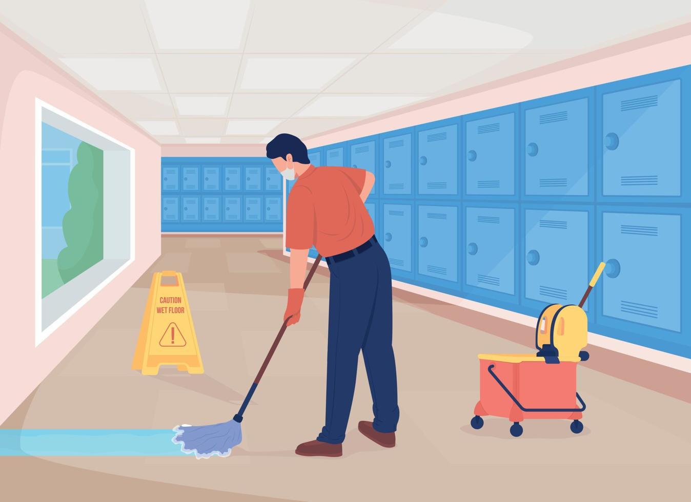 Cleaning school hall flat color vector illustration
