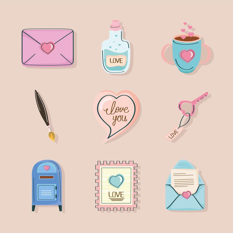 nueve iconos de doodle de amor vector