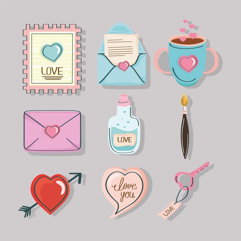 amor doodle nueve iconos vector