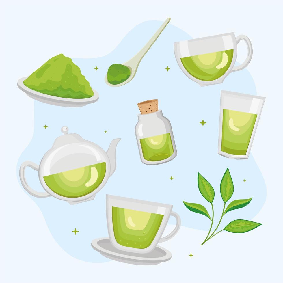 green tea eight icons vector