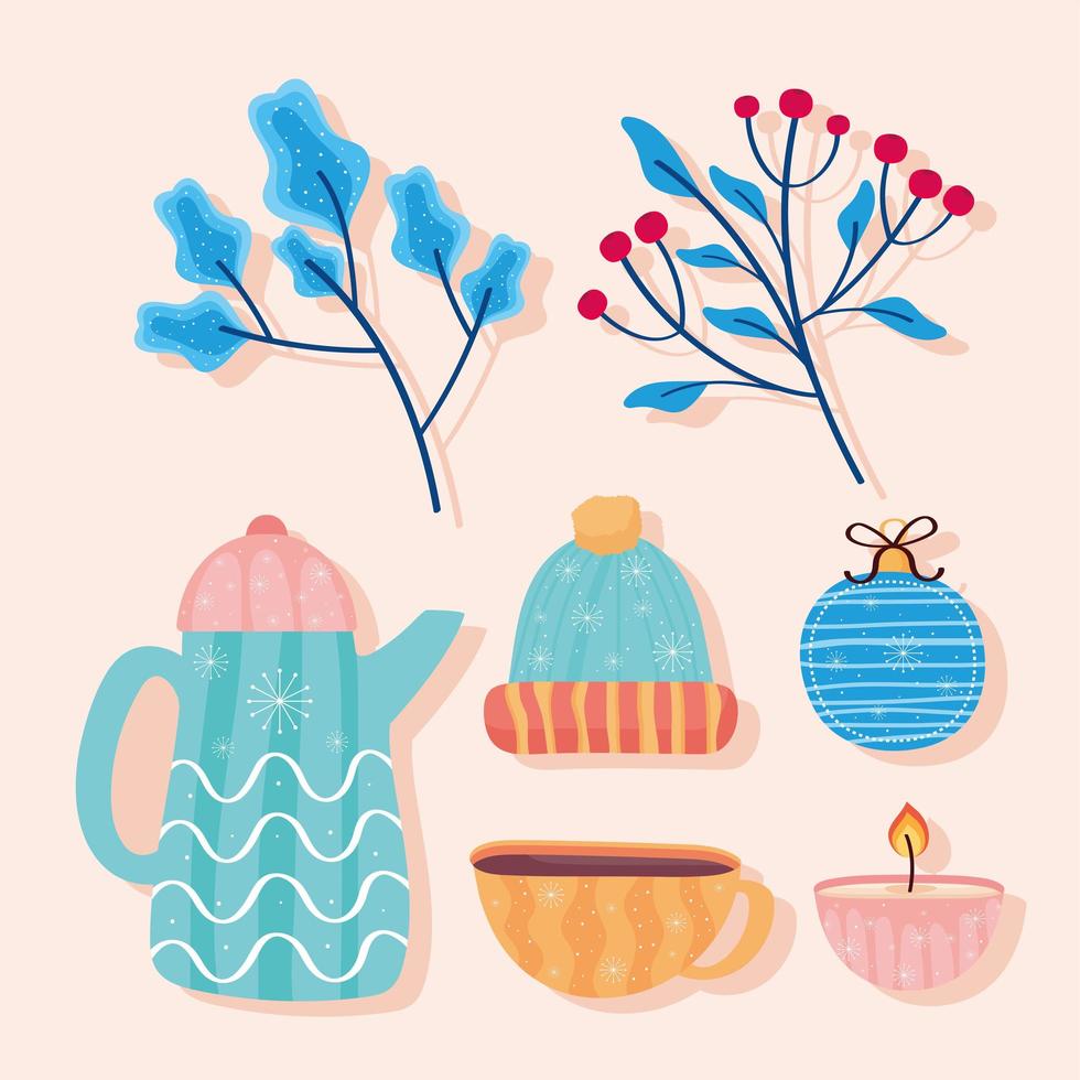winter icons and leaves vector