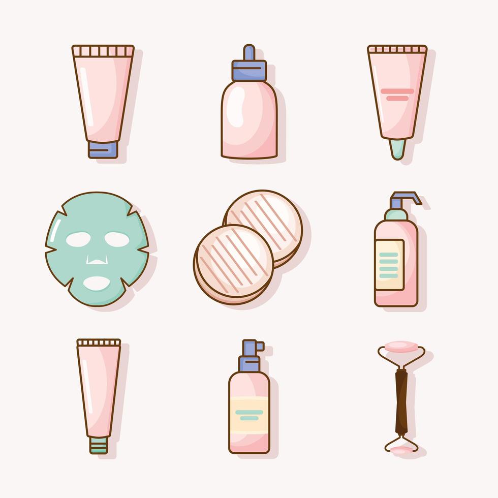 nine skincare products icons vector