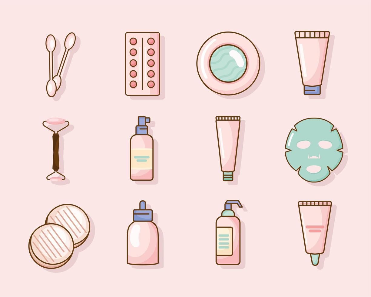 twelve skincare products icons vector