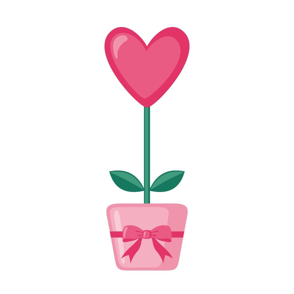 Heart shaped pink flower in a pot in flat style isolated on white background. Love concept icon. Romantic element for Valentines day or wedding day. Vector illustration