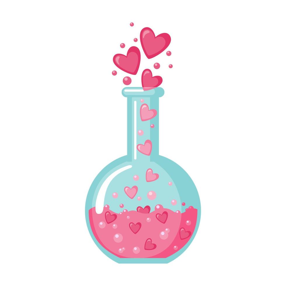 Flask with hearts icon in flat style isolated on white background. Love elixir logo. Vector illustration.