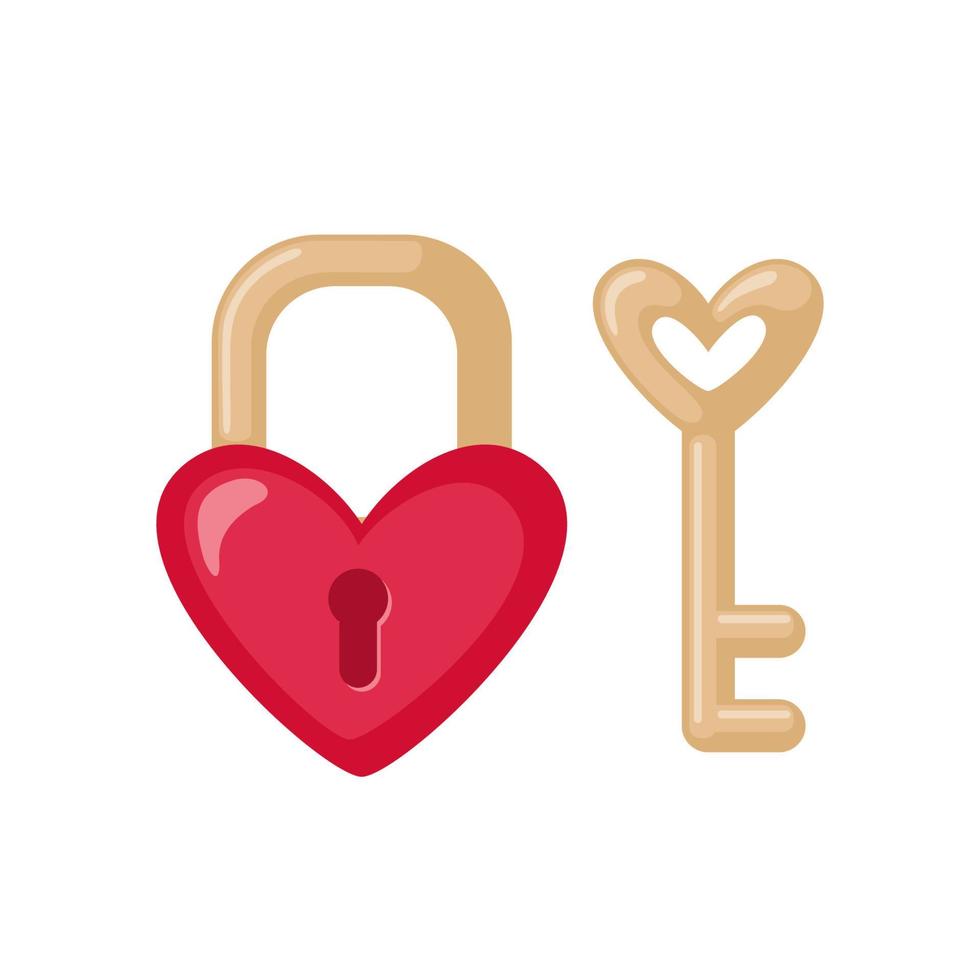 Heart shaped Padlock icon in flat style isolated on white background. Love concept. Lock with key. Design element for Wedding or Valentines day. Vector illustration.