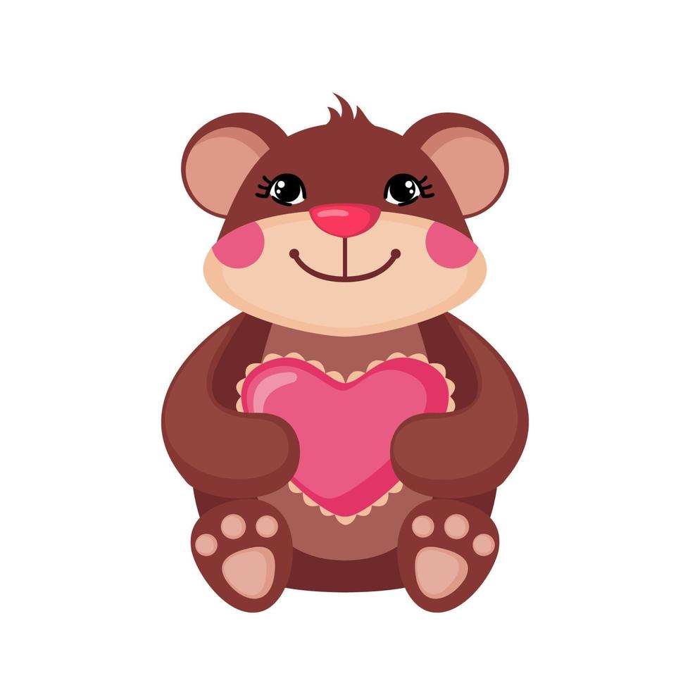 Cute Teddy bear hugging a pink heart. Love concept. Happy bear icon in flat style isolated on white background. Design element for Wedding, Birthday or Valentines Day. Vector illustration