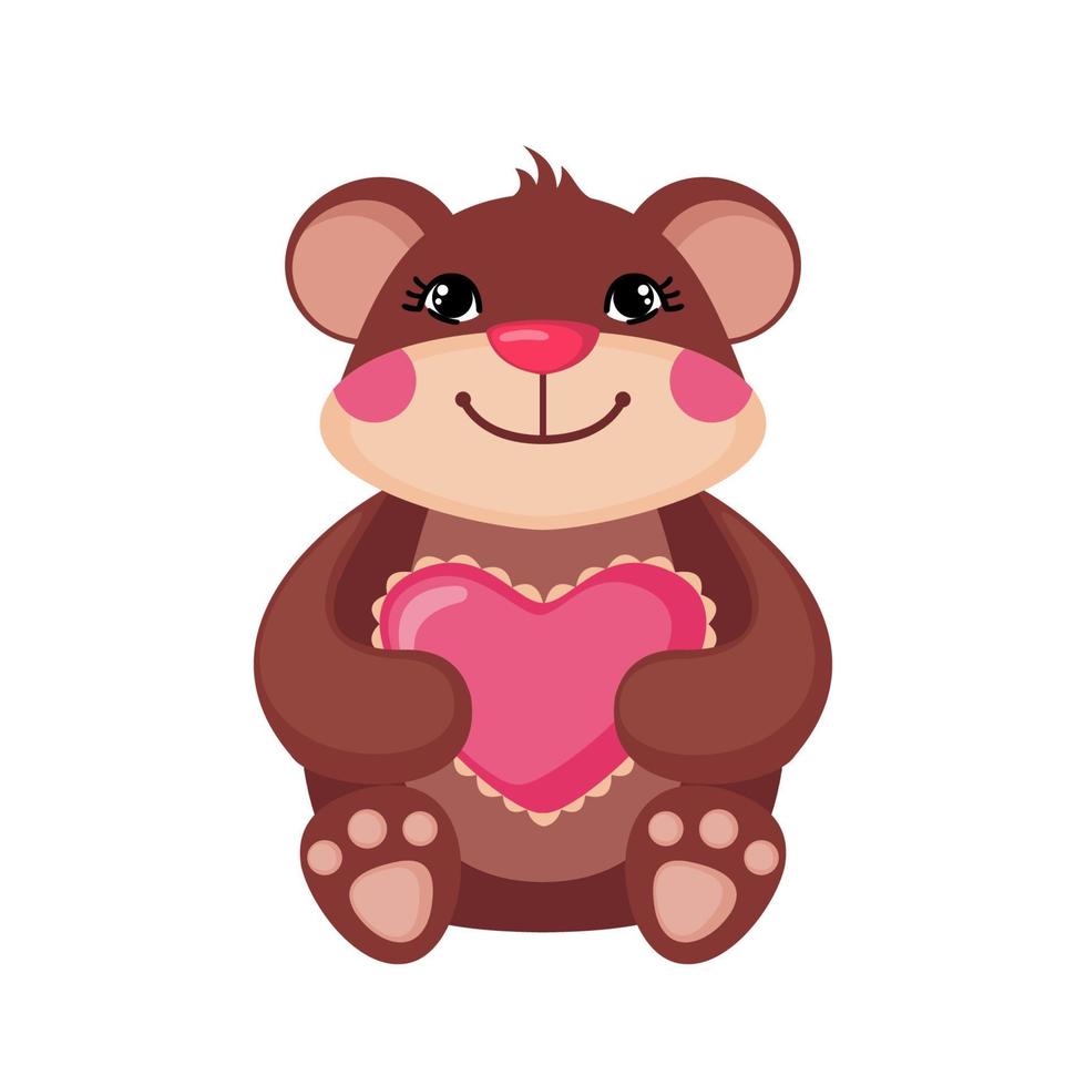 lindo oso de peluche abrazando un corazón rosa. concepto de amor icono de oso feliz en estilo plano aislado sobre fondo blanco. elemento de diseño para bodas, cumpleaños o día de san valentín. ilustración vectorial vector