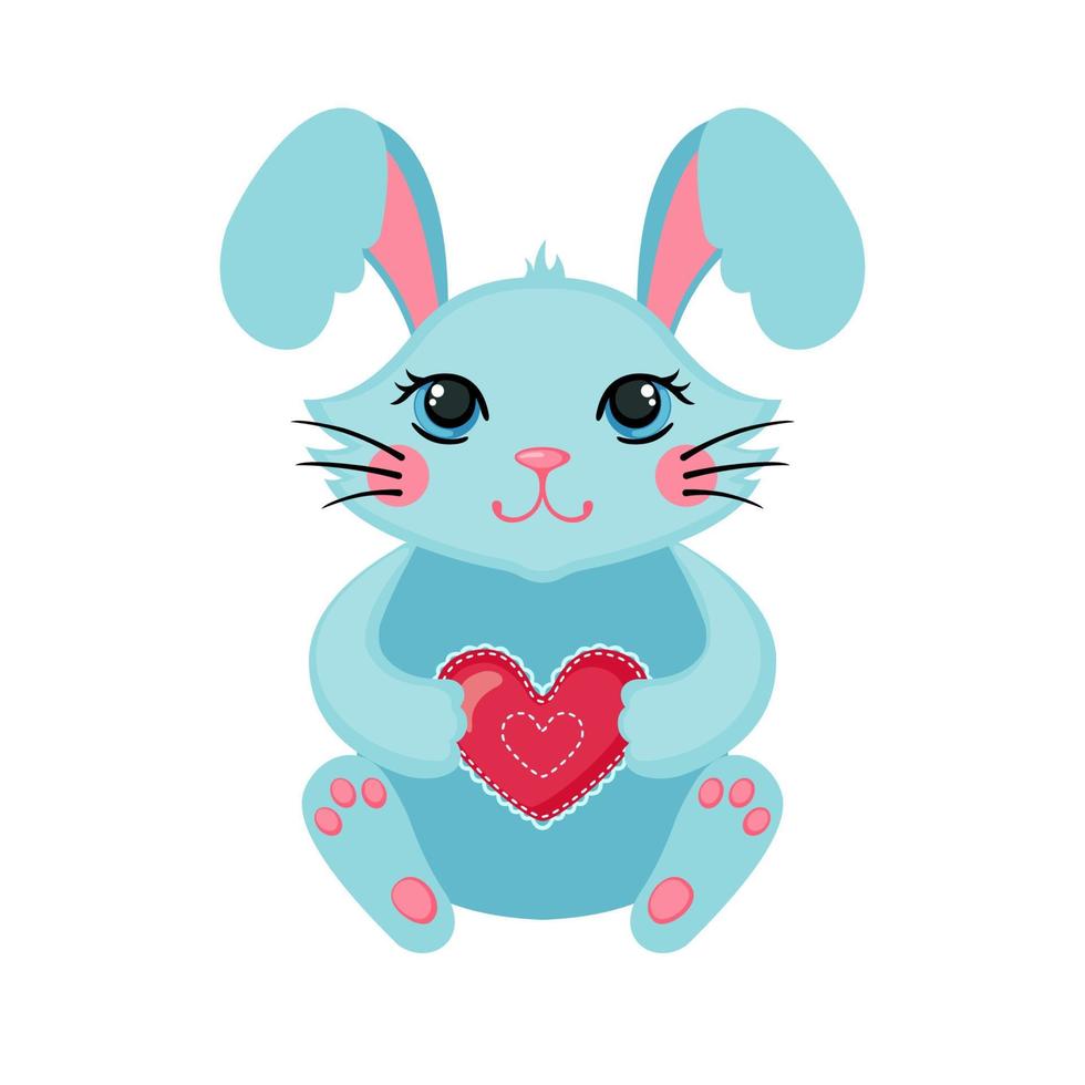 Cute Bunny hugging heart. Love concept. Happy bunny icon in flat style isolated on white background. Design element for Wedding, Birthday or Valentines Day. Vector illustration
