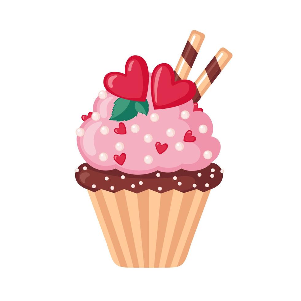 Valentine cupcake icon with hearts in flat style isolated on white background. Love concept. Vector illustration.
