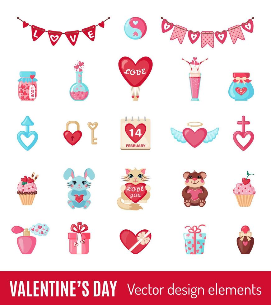 conjunto de iconos de San Valentín en estilo plano aislado sobre fondo blanco. concepto de amor elementos de diseño para la boda o el día de san valentín. ilustración vectorial vector