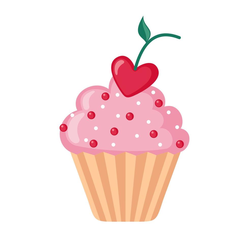 Valentine cupcake icon with heart shaped cherry in flat style isolated on white background. Love concept. Vector illustration.