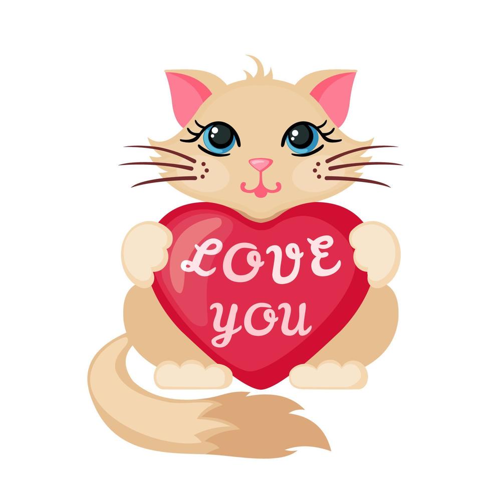 Cute Cat hugging heart. Love concept. Happy cat icon in flat style isolated on white background. Design element for Wedding, Birthday or Valentines Day. Vector illustration