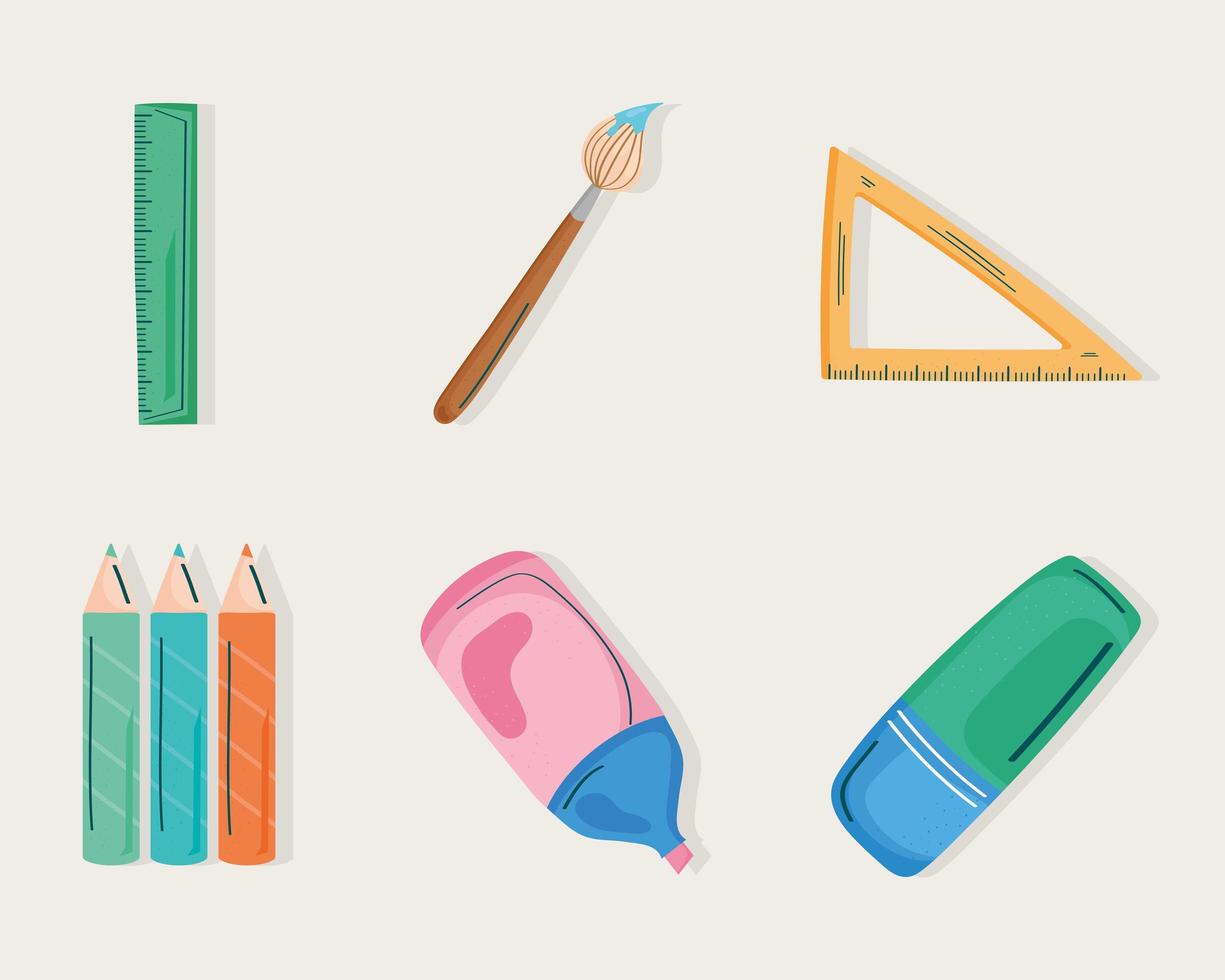 school supplies six icons vector