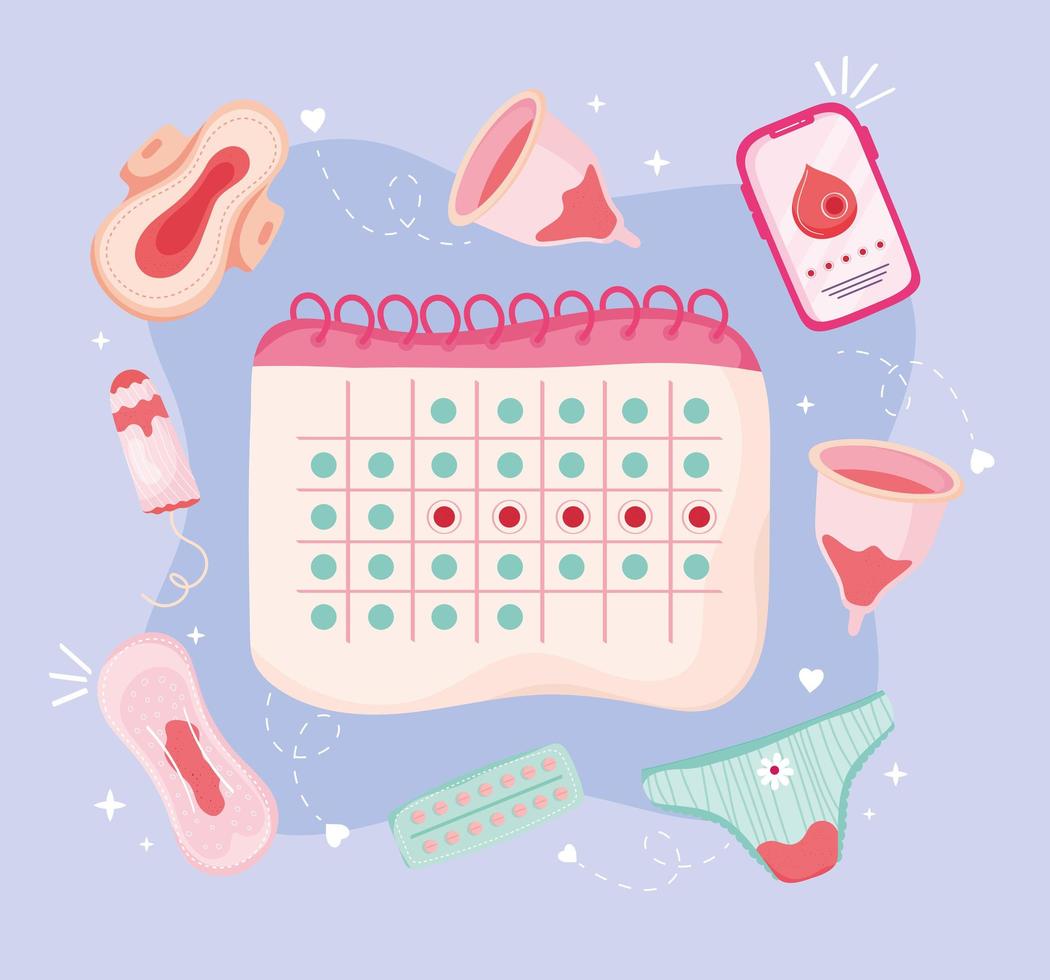 período de menstruación nueve iconos vector