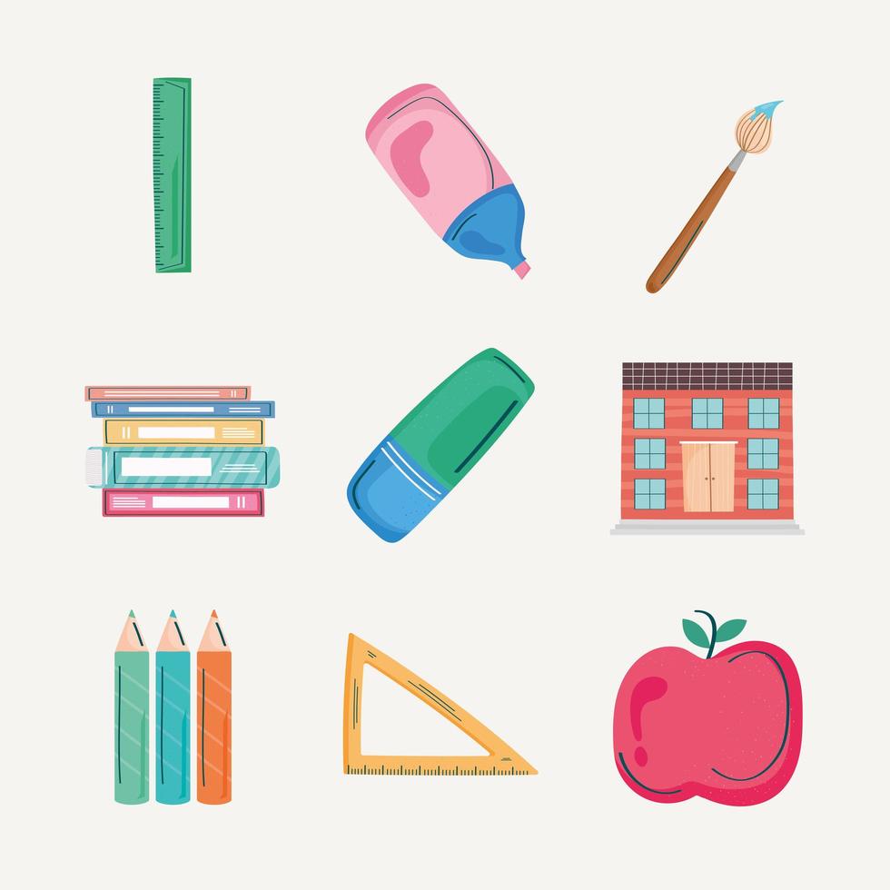 nueve iconos de útiles escolares vector