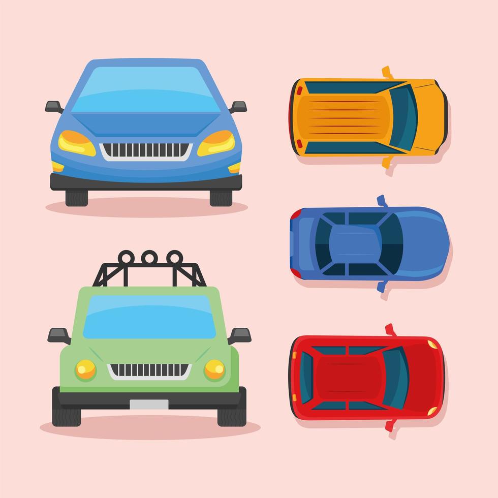 cinco coches vehículos iconos vector