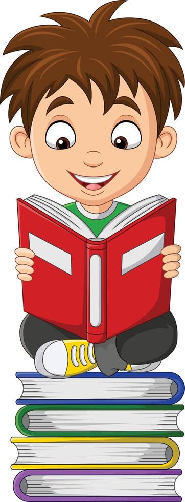 niño pequeño de dibujos animados leyendo un libro en la pila de libros vector
