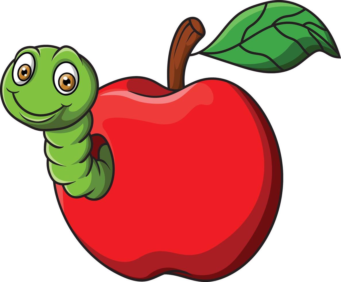 gusano de dibujos animados con manzana roja vector