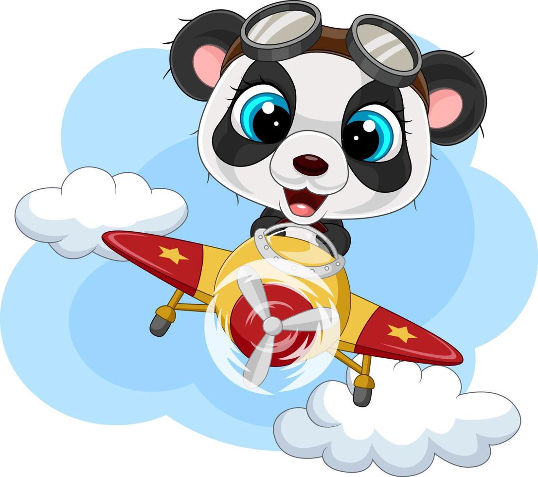 Cartoon little panda operating a plane vector