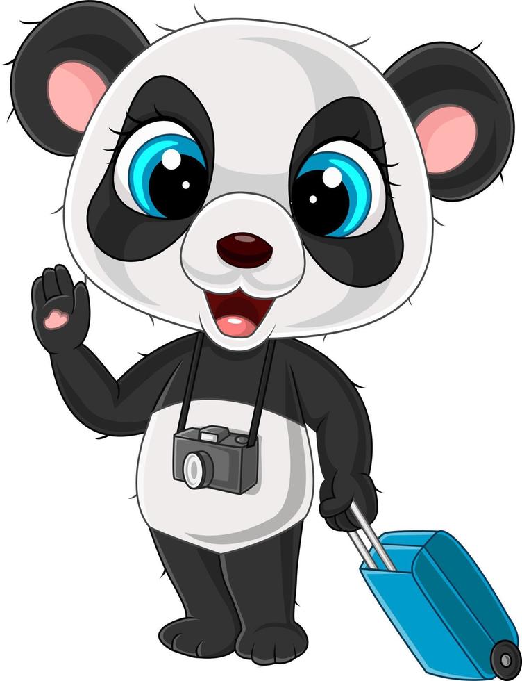 panda divertido de dibujos animados con cámara y equipaje vector