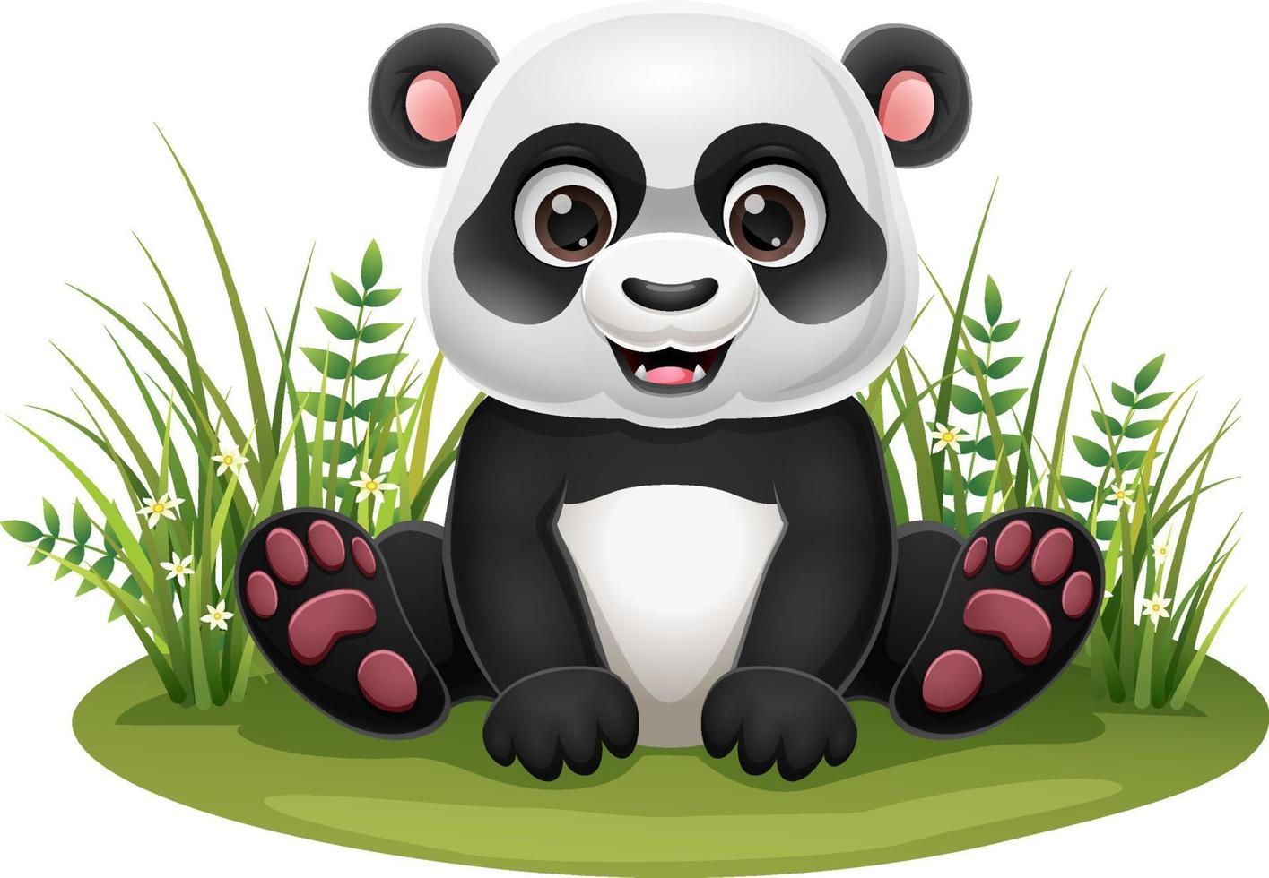 Cartoon little panda sitting in the grass vector