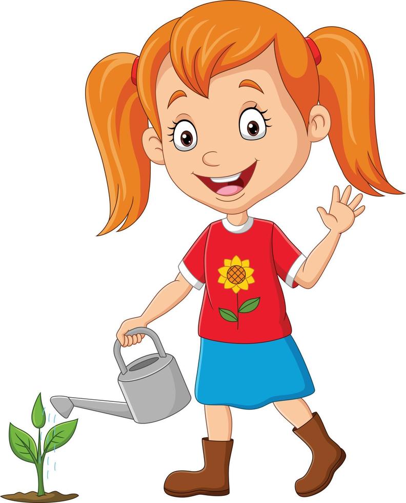 Cute little girl watering plants vector