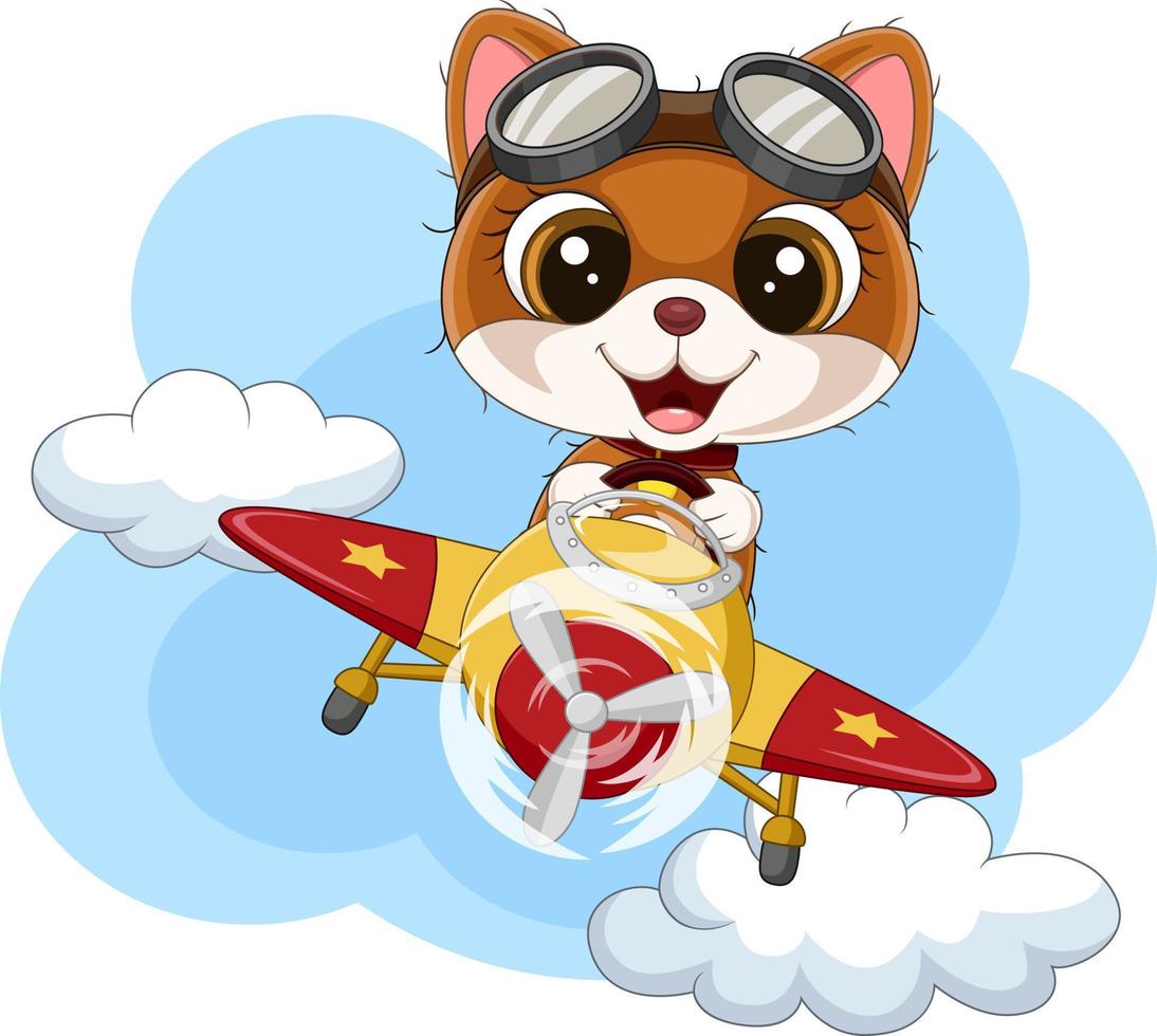 Cartoon baby cat operating a plane vector