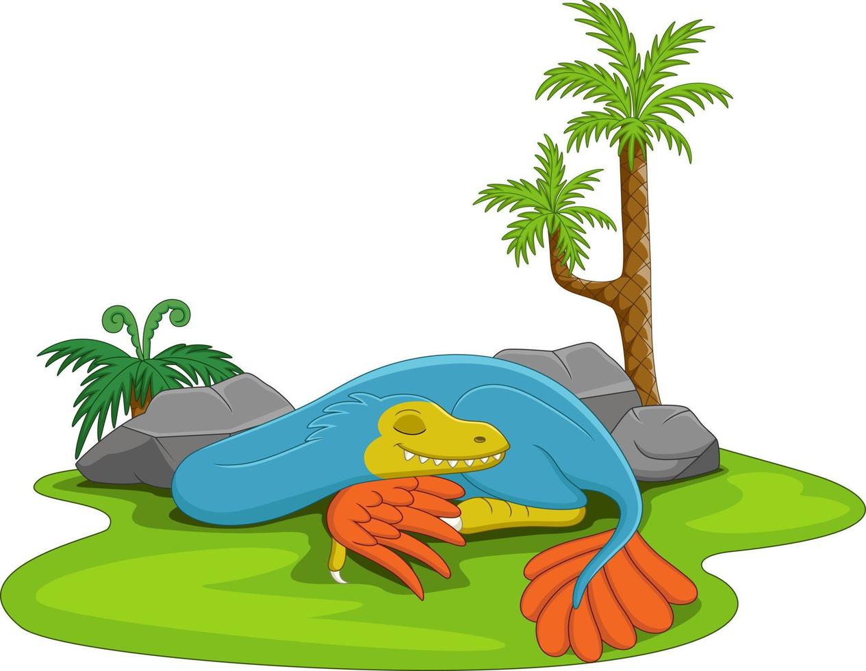 dibujos animados lindo dinosaurio azul durmiendo en la hierba vector