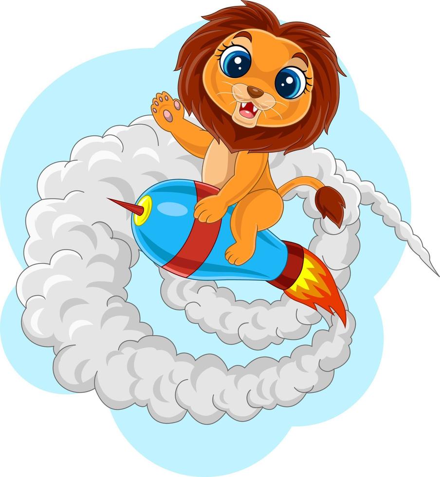 Cartoon baby lion riding rocket vector