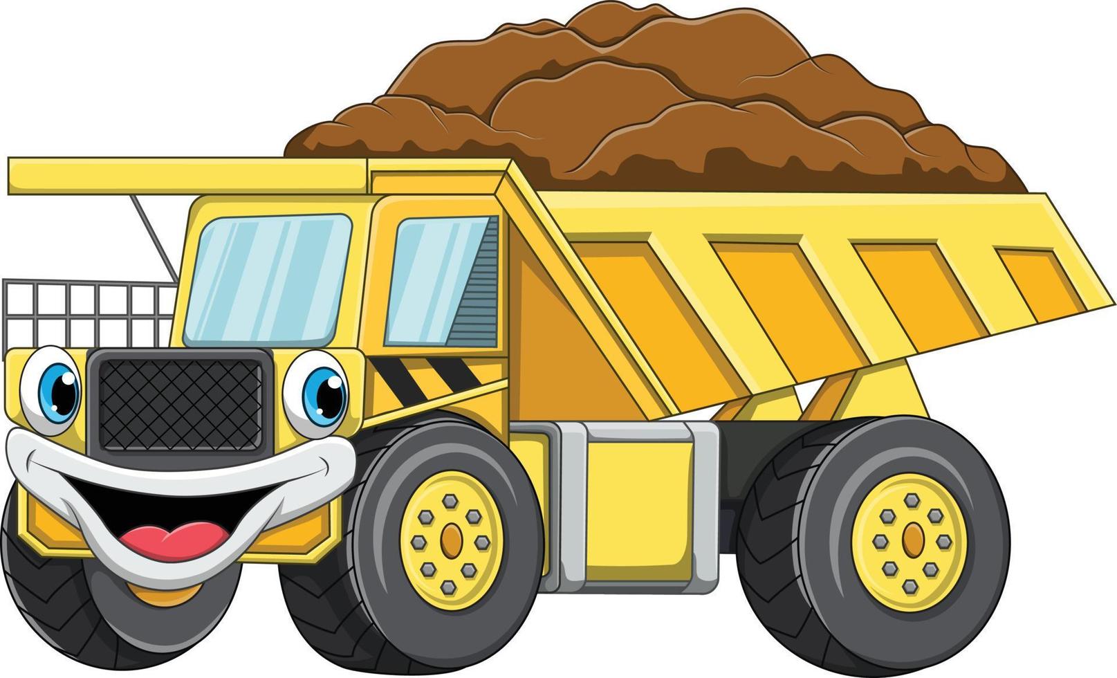 camión volquete amarillo feliz de dibujos animados vector