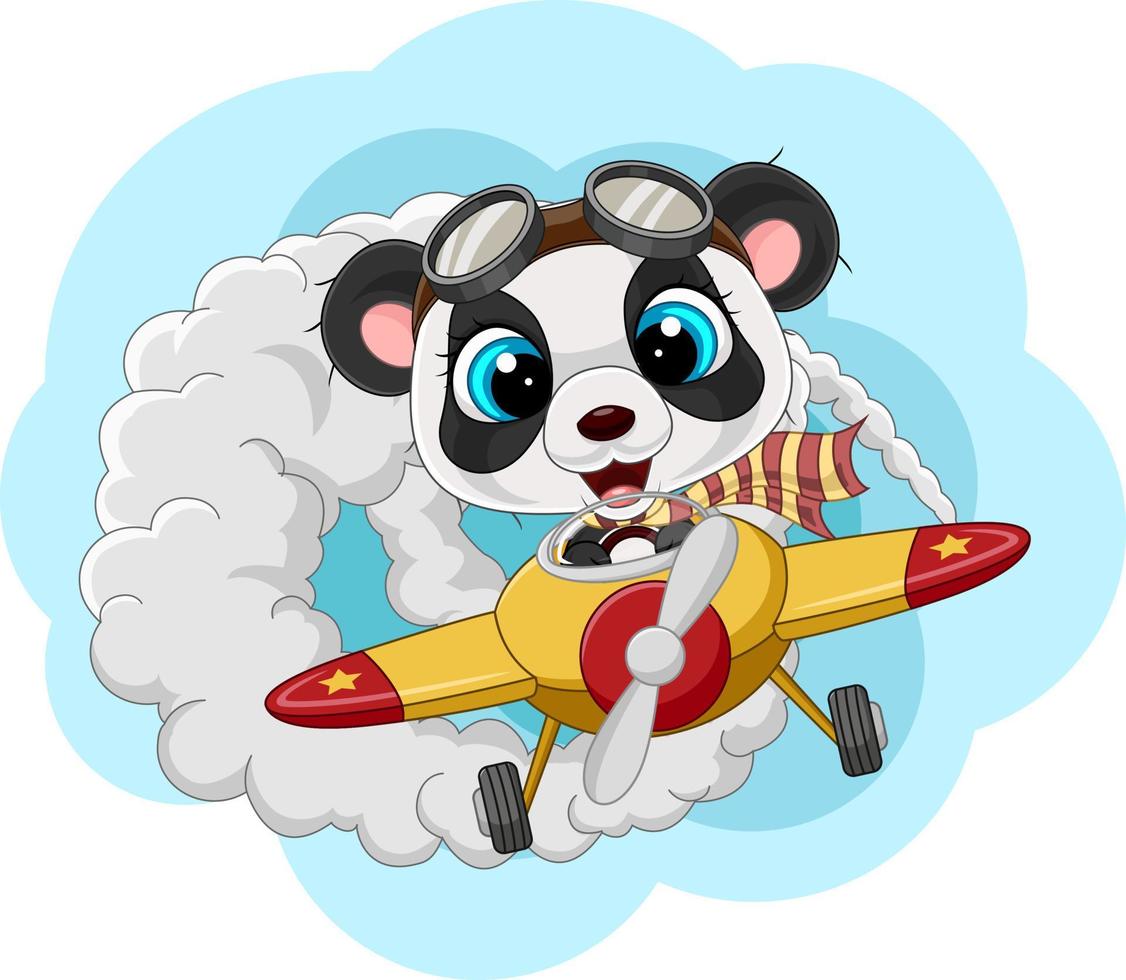 Cartoon little panda operating a plane vector