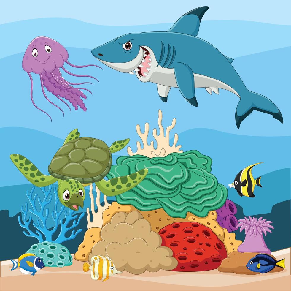 Cartoon tropical fish and beautiful underwater world with corals vector