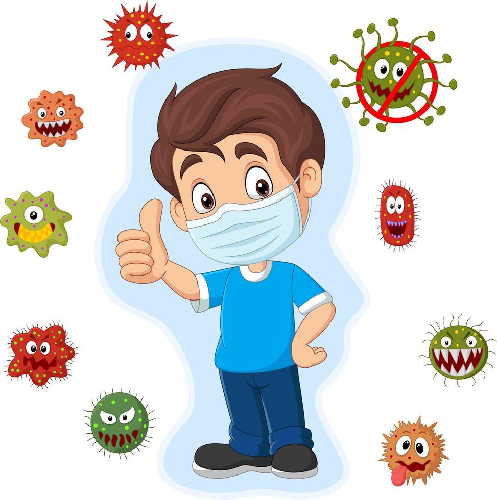 niño pequeño de dibujos animados con virus y bacterias dando pulgar hacia  arriba 5332343 Vector en Vecteezy
