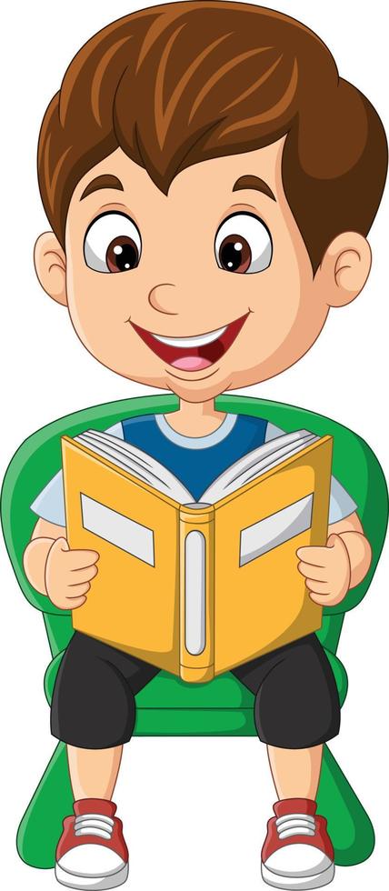 Cartoon little boy sitting on chair reading book vector