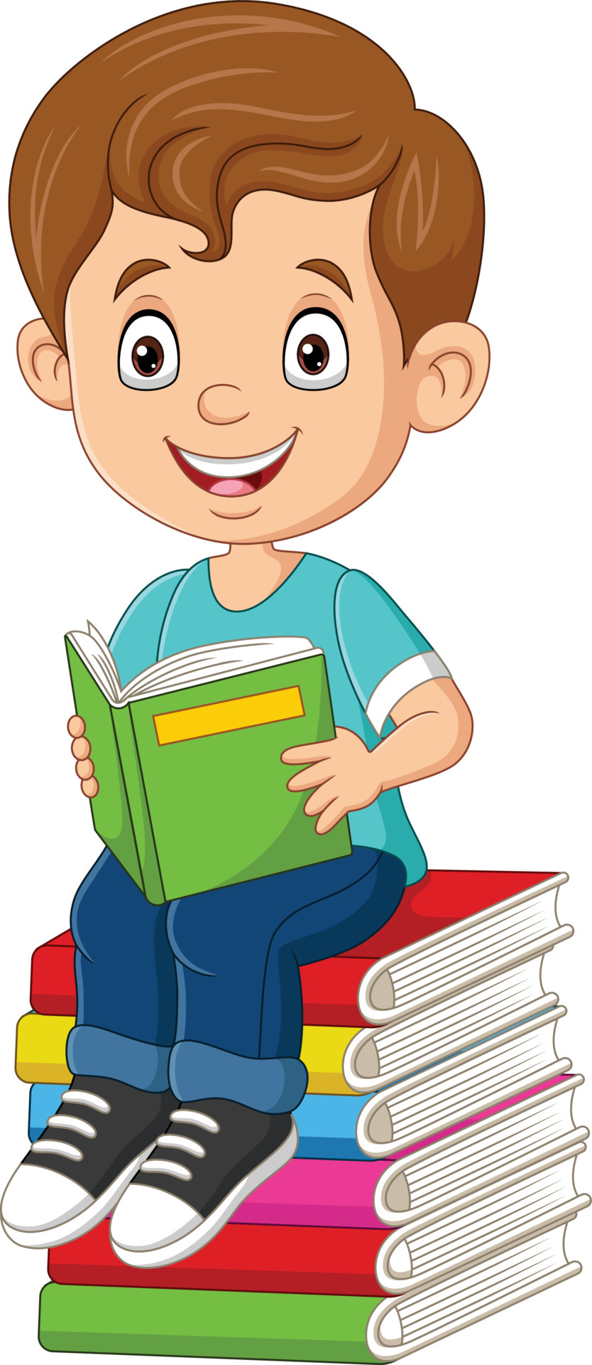 Cartoon little boy reading a book on the pile books 5332354 Vector Art at  Vecteezy
