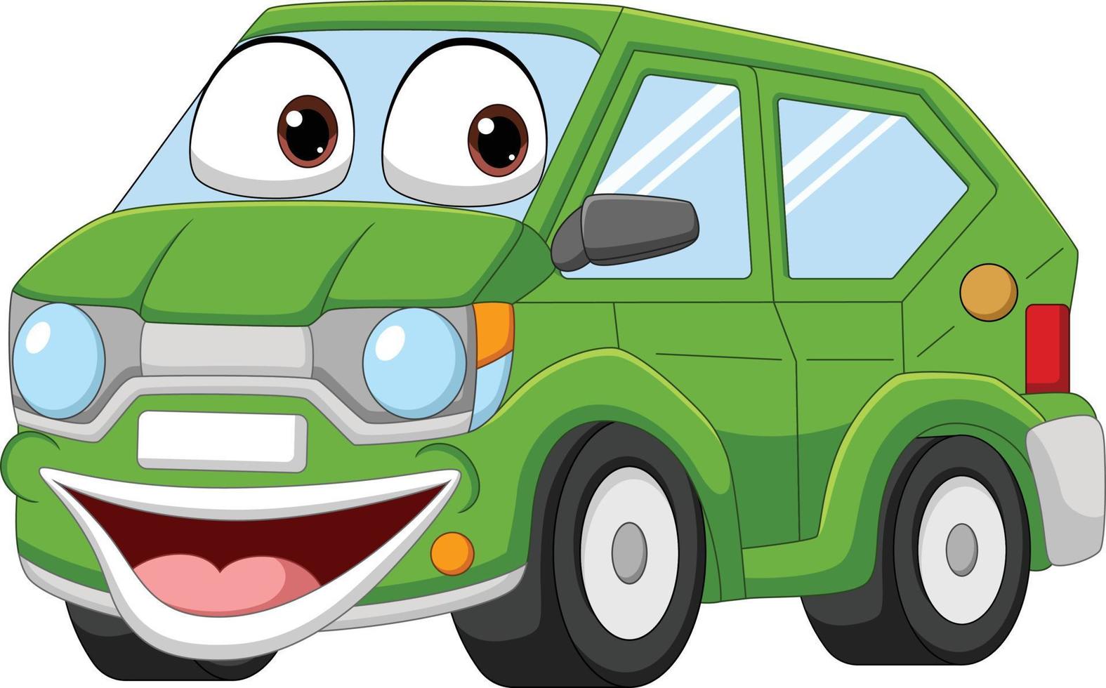 caricatura, feliz, coche verde, blanco, plano de fondo vector