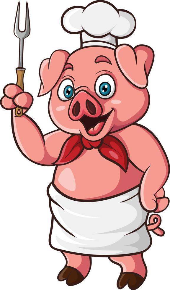 Cartoon pig chef holding a fork vector
