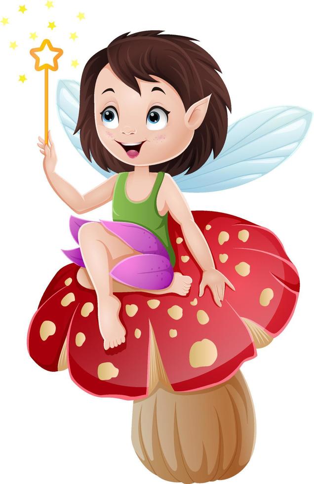 Cartoon fairy sitting on a mushroom vector