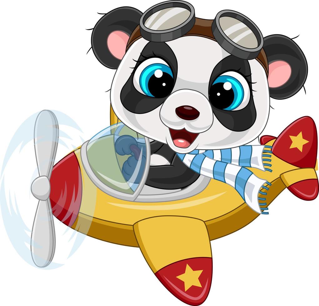 Cartoon little panda operating a plane vector