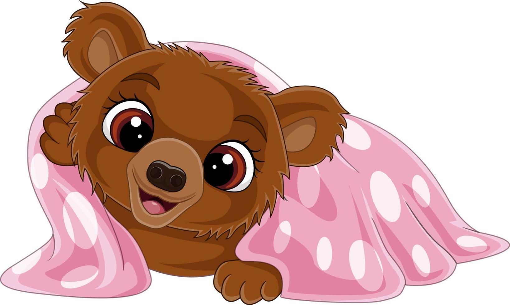 Cartoon funny baby bear wearing pink blanket vector