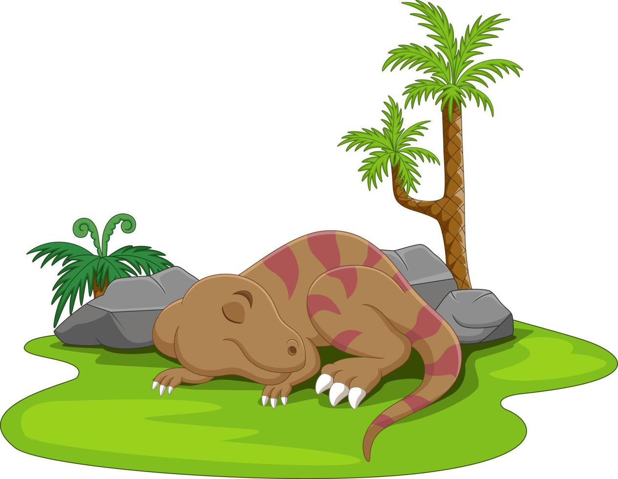 dibujos animados lindo pequeño dinosaurio durmiendo en la hierba vector