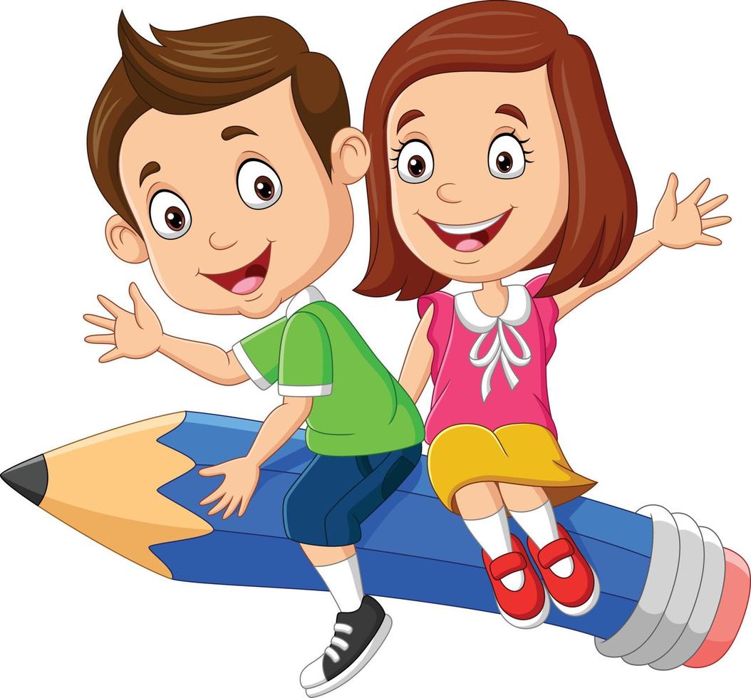 Cartoon little boy and girl flying on a pencil vector