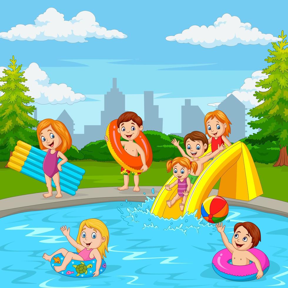 familia feliz de dibujos animados jugando en la piscina vector