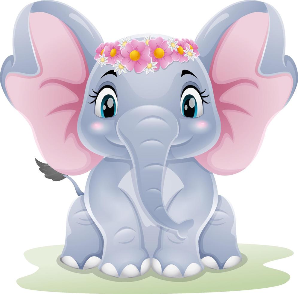 Cartoon cute baby elephant sitting in the grass vector