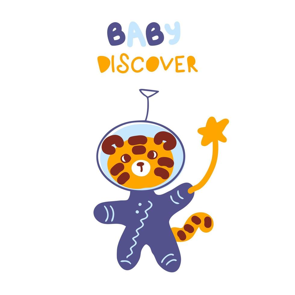 Hand drawn tiger with star and text BABY DISCOVER. vector