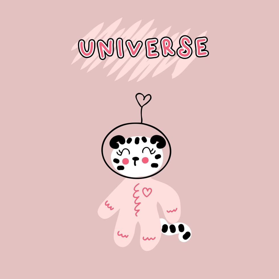 Hand drawn white tigress as astronaut and text UNIVERSE. vector
