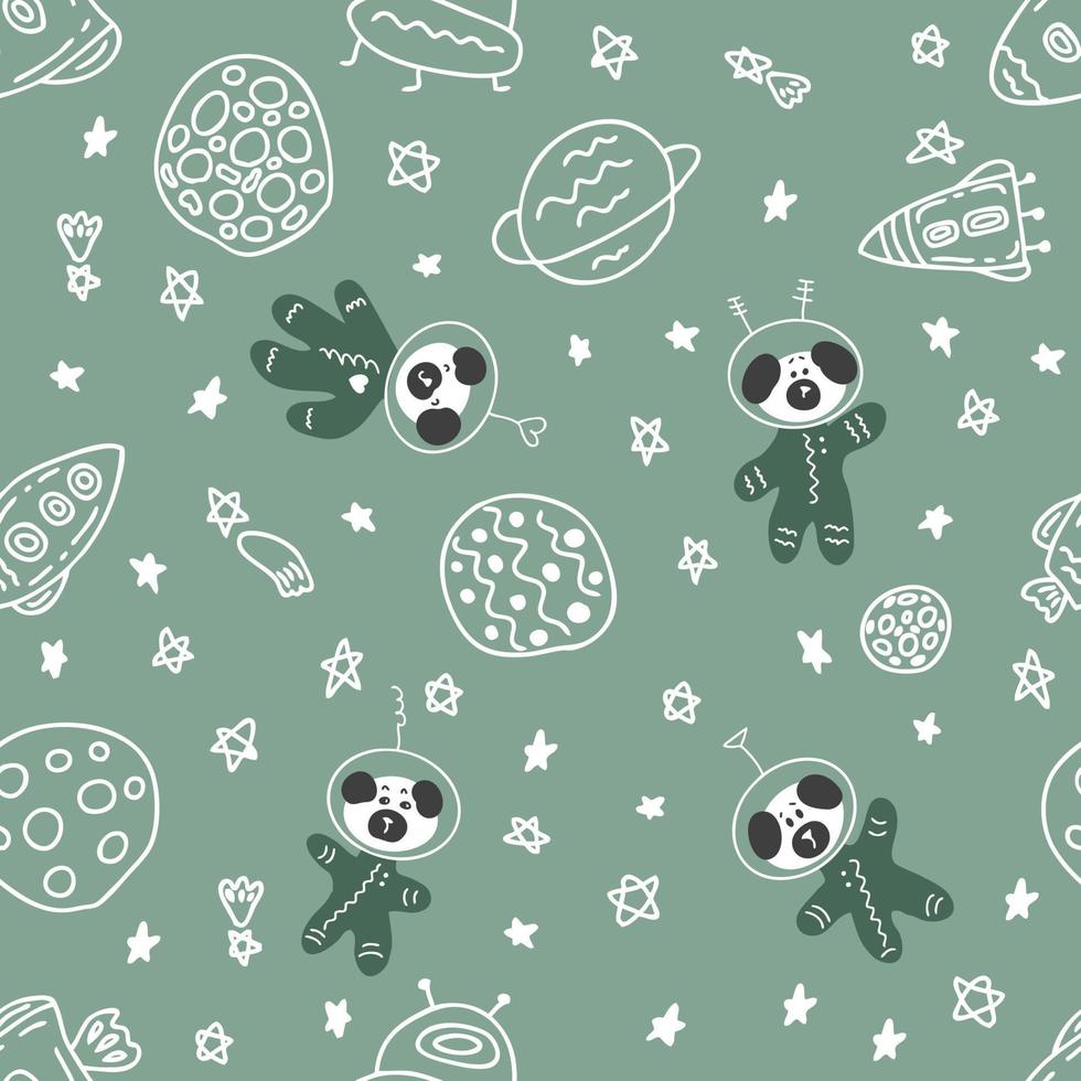 Doodle seamless pattern with astronauts pug puppies in space. vector